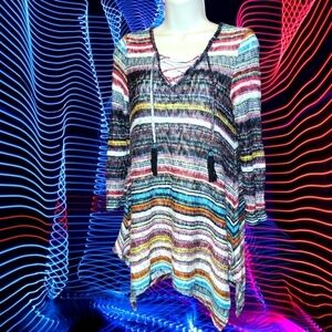 Tassel Lace Up Boho Striped Knit Sweater Top Asymetrical T56
